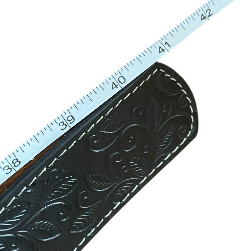 Warehouse One Embossed Black Leather Belt Medium Silver Buckle - Picture 13 of 13